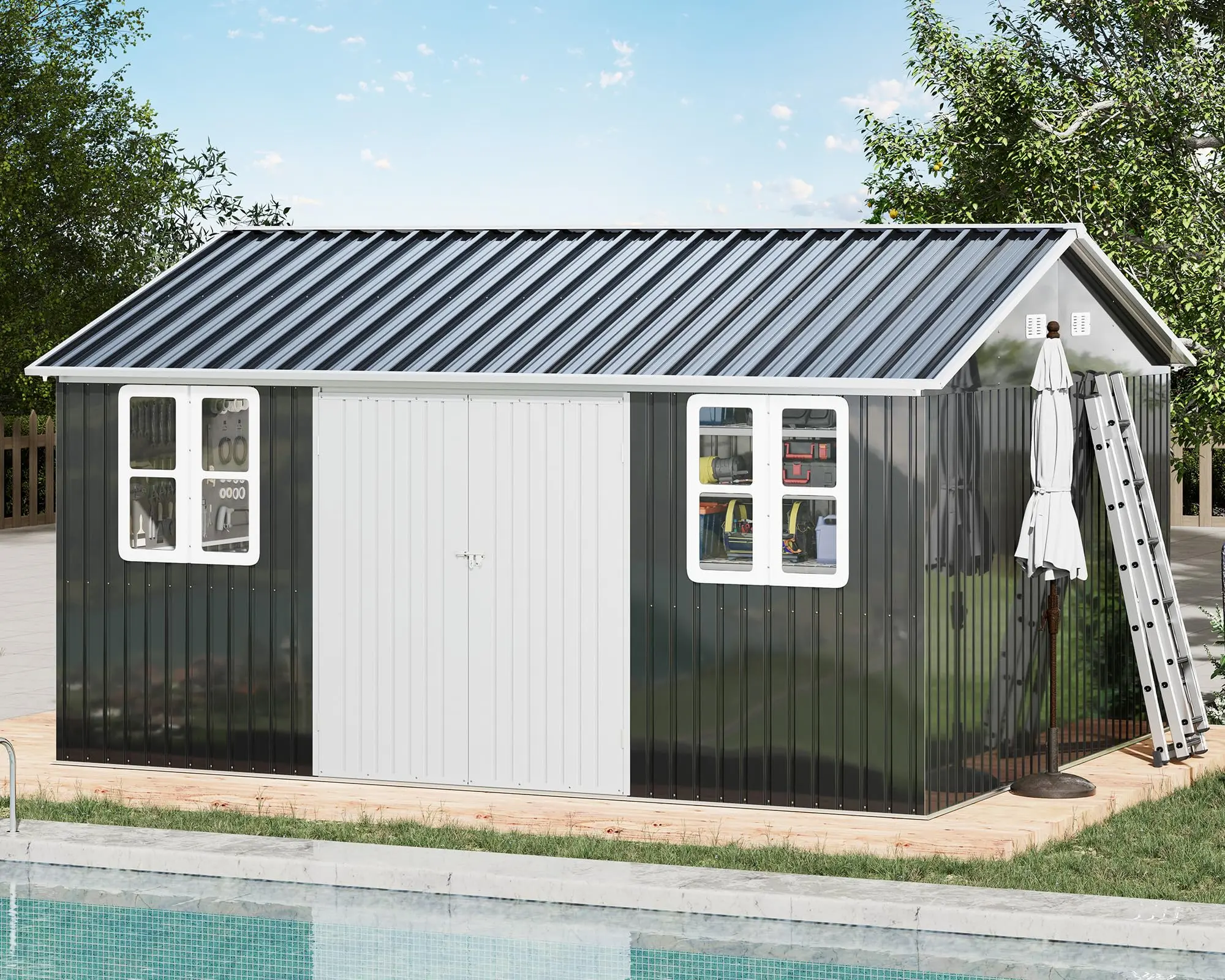 Shed 4-pane Window Nordic Cottage Storage Shed Outdoor Metal Garden House Double Hinged Lockable Doors for Backyard Garden Patio Lawn