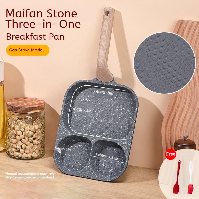 Non-stick Egg Frying Pan, 3 Holes Skillet With Handle, Nonstick 3-In-1 Divided Grill Pan - Multi-Use Egg Cooker, Omelette/Pancake Pan with Steak Function, Gas/Induction Compatible + Free Oil Brush & Scraper，Easy Clean，Breakfast Gadget，Family-Safe，