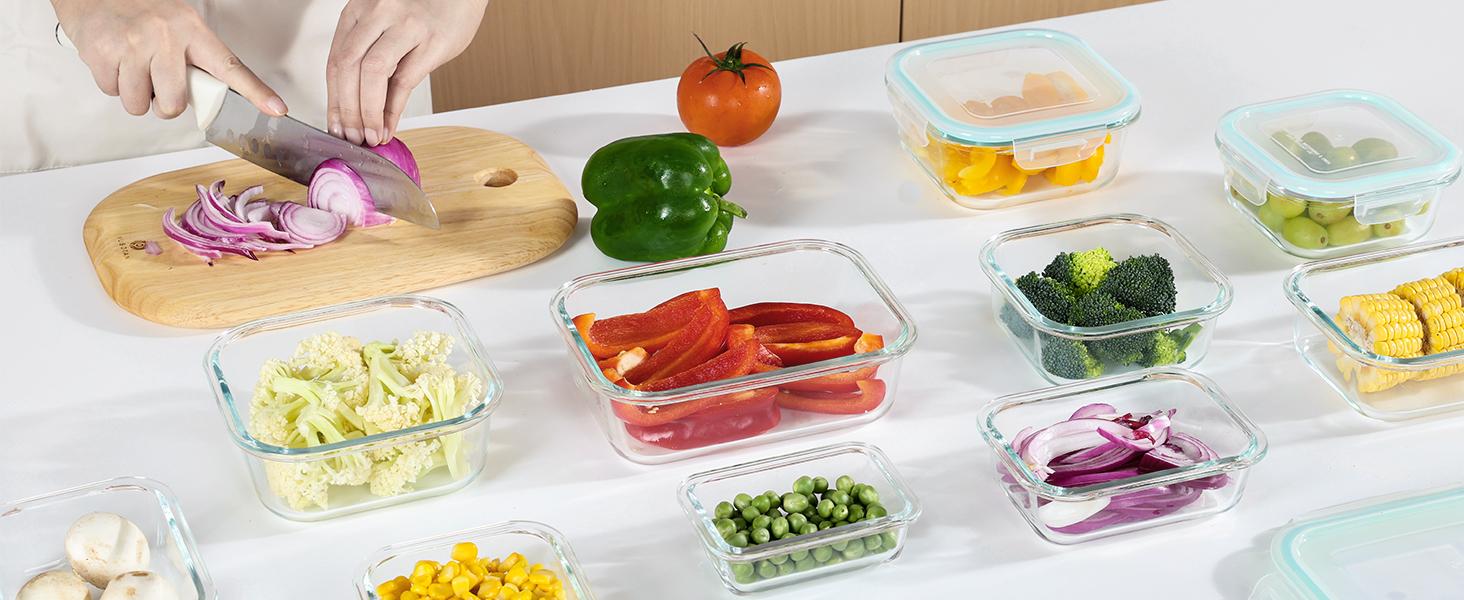 Vtopmart 18 Pack Glass Food Storage Containers with Lids -Stackable Design for Kitchen Utensils Oven Microwave Freezer Dishwasher Kitchenware Square Fridge Organizers Insulated Lunch Compartment Grey Rectangle