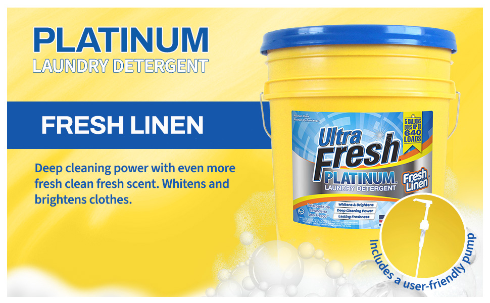 Ultra Fresh Platinum 5 Gal Laundry Detergent, Up to 640 Loads, Fresh Linen Scent
