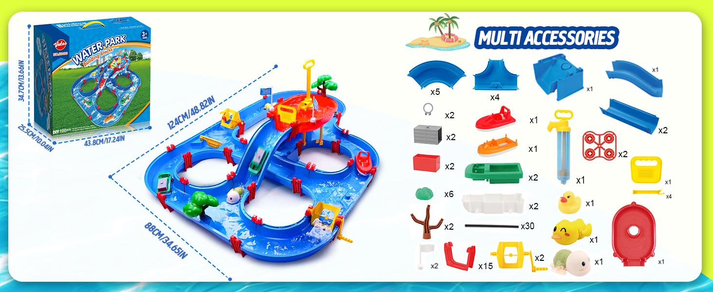 VATOS 2-Tier Water Table for Toddlers in Summer,100PCS DIY Waterways Playset with Pump for Outside Yard,Beach,Poolside Activity Sensory Play Table Addition for Kids Boys Girls Age 3 4 5 6 Year Old Summer Vibes