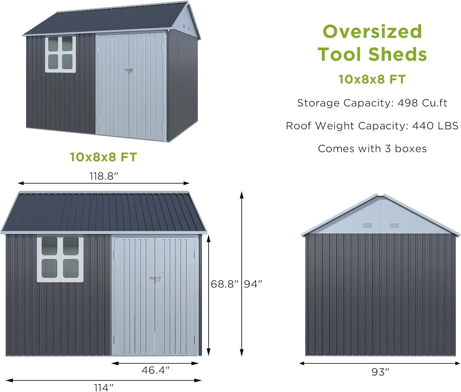 Shed 4-pane Window Nordic Cottage Storage Shed Outdoor Metal Garden House Double Hinged Lockable Doors for Backyard Garden Patio Lawn