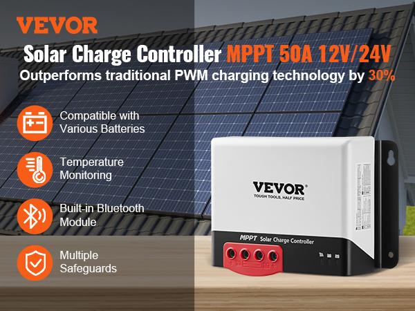 summervibes VEVOR 50A MPPT Solar Charge Controller, 12V/ 24V Auto DC Input, Solar Panel Regulator Charger with Bluetooth Module, 98 Charging Efficiency for Sealed(AGM), Gel, Flooded and Lithium Battery Charging summervibes VEVOR 50A MPPT Solar Charge Controller, 12V/ 24V Auto DC Input, Solar Panel Regulator Charger with Bluetooth Module, 98 Charging Efficiency for Sealed(AGM), Gel, Flooded and Lithium Battery Charging
