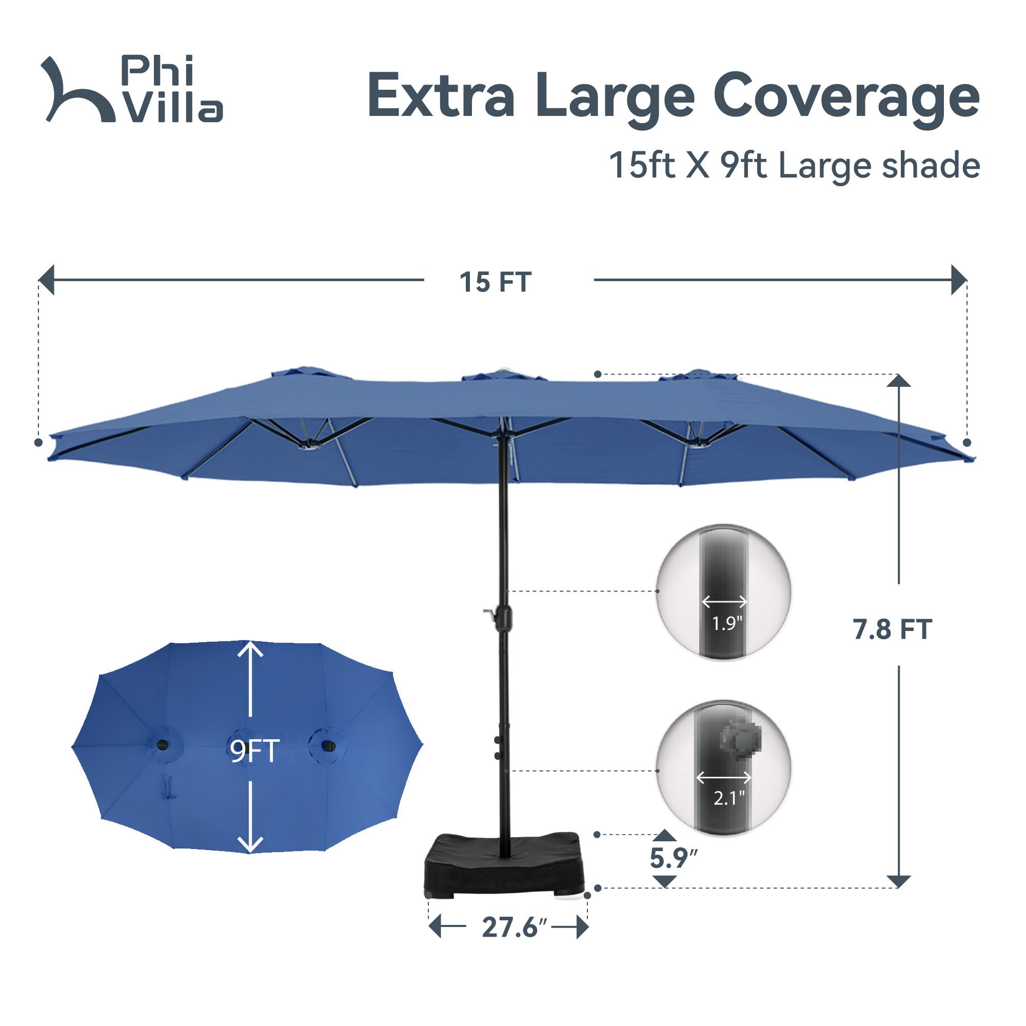 [SummerVibes] PHI VILLA 15 FT Large Outdoor Double-Sided Rectangle Umbrella with LED Lights & Crank Handle, Waterproof, Day & Night Use