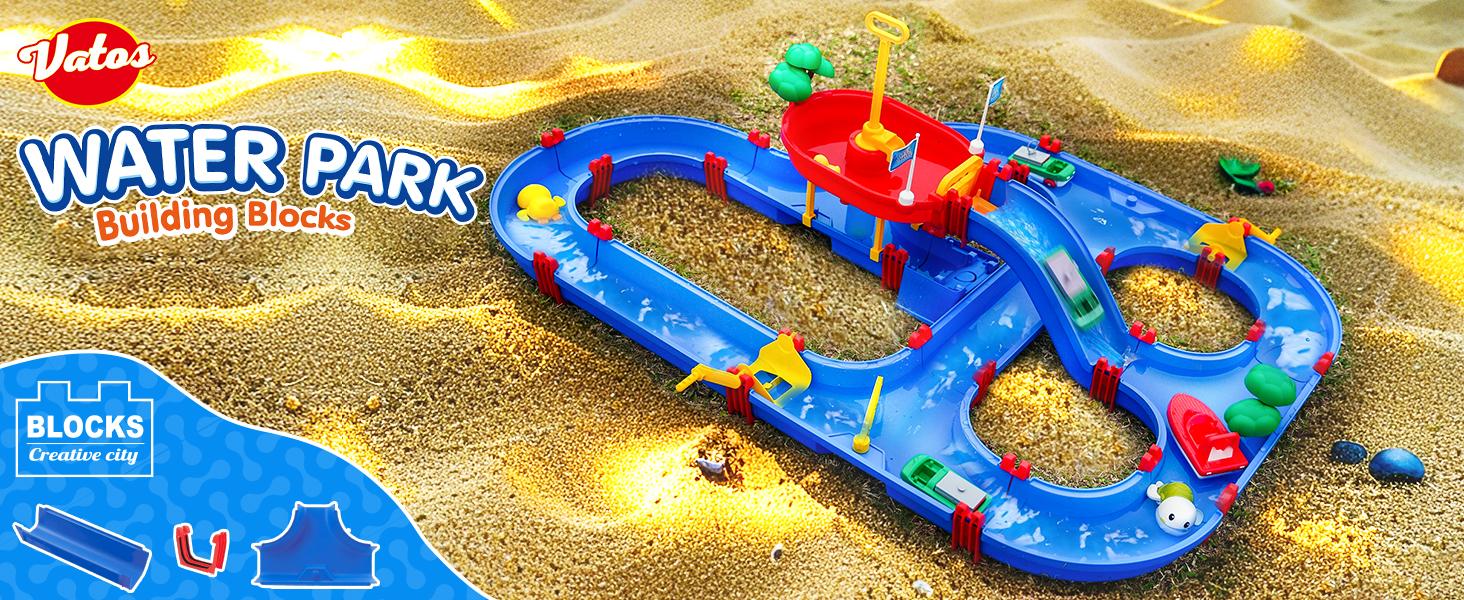 VATOS 2-Tier Water Table for Toddlers in Summer,100PCS DIY Waterways Playset with Pump for Outside Yard,Beach,Poolside Activity Sensory Play Table Addition for Kids Boys Girls Age 3 4 5 6 Year Old Summer Vibes