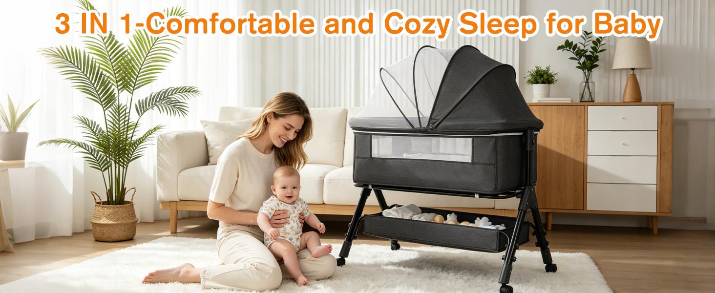 Baby Bassinet,  Crib for Infant and Newborn, Bedside Sleeper with Storage Basket and Mosquito Net, Easy to Fold, Height Adjustable, Portable Side Bed Crib portable Baby Furniture