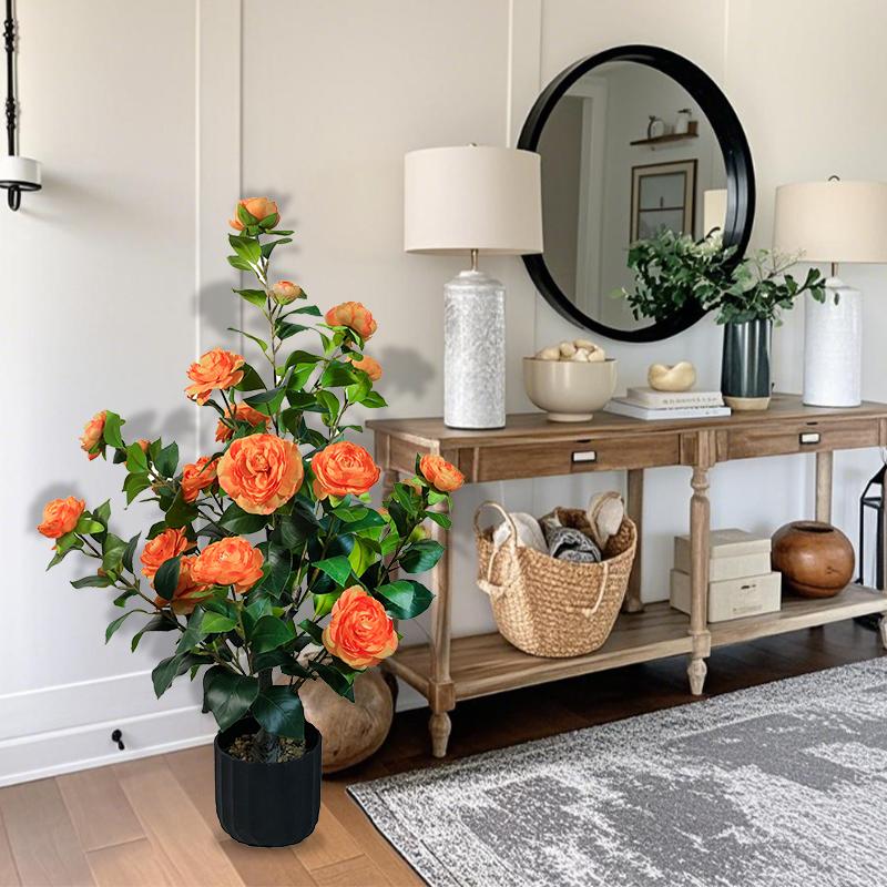 2 Pcs 3-foot Camellia Tree with Decorative Pebbles, Flower Pot, 24 Realistic Flowers, 188 Leaves for Indoor, outdoor courtyard Home Decor summerwins