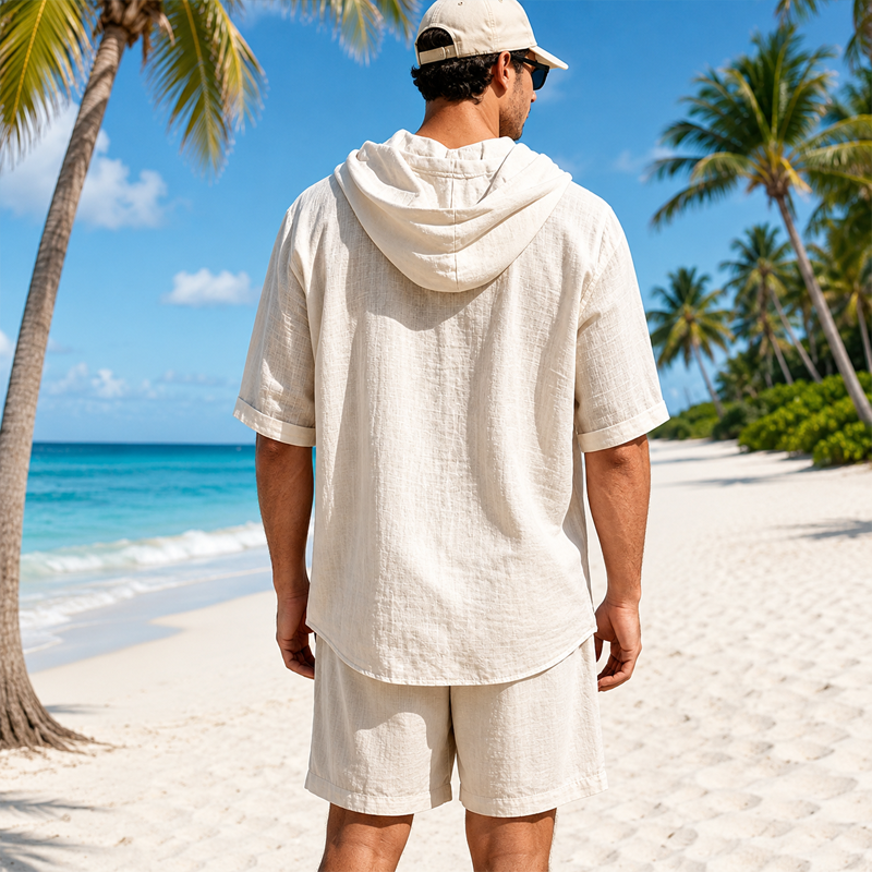 Men Linen Blend Hooded Roll Cuff Short Sleeve Casual Top 