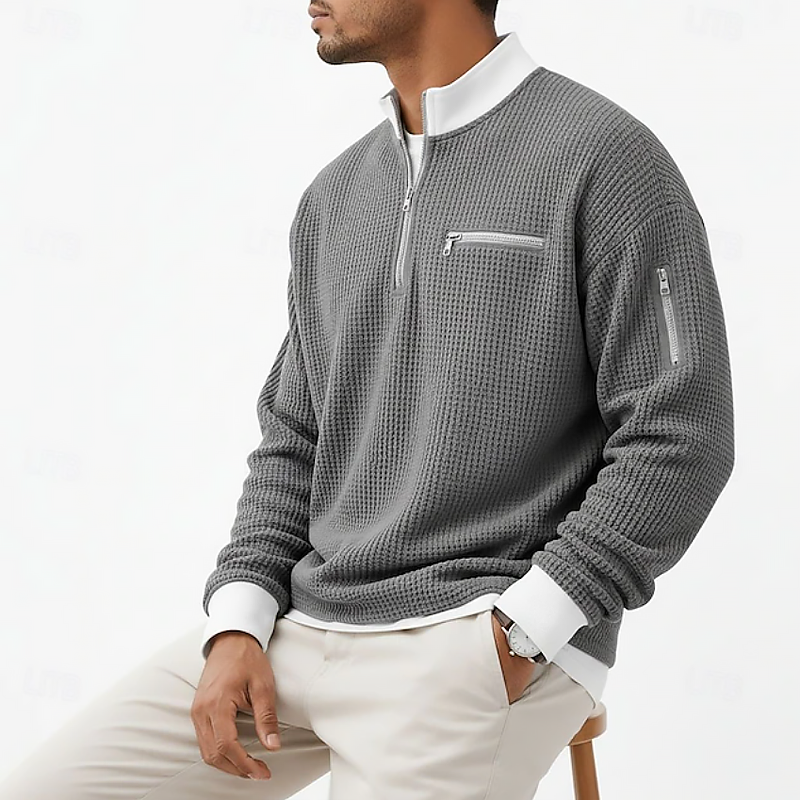 Men Waffle Knit Half Zip Mock Neck Multi Zipper Detail Long Sleeve Sweatshirt