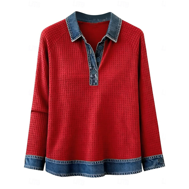 Women Waffle Knit Denim Collar Patchwork Long Sleeve Polo Top