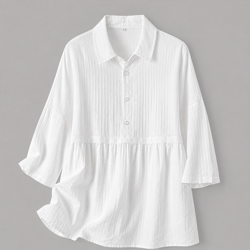 Women Vertical Texture Half Button Yoke Peplum Linen Blend Blouse 