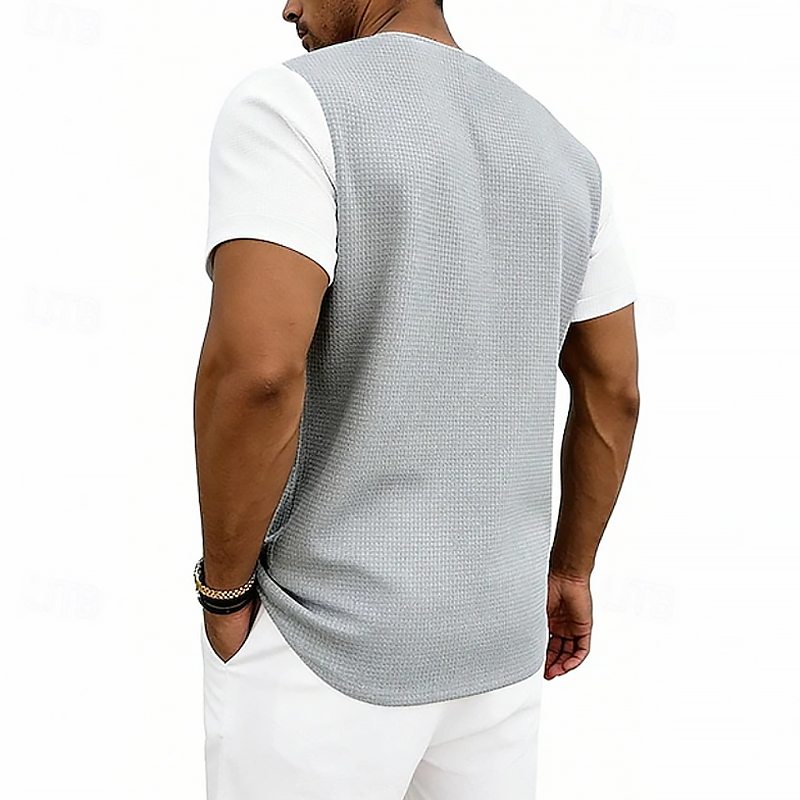 Men Waffle Knit Raglan Henley Contrast Sleeve Casual Short Sleeve T-Shirt