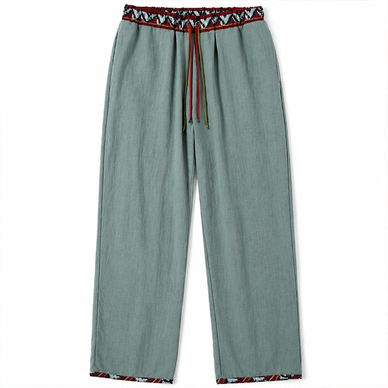Men Blue Octopus Print Drawstring Waist Linen Blend Wide Leg Beach Long Pants