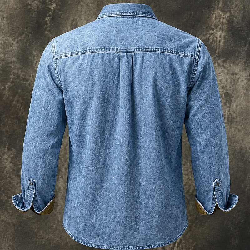 Men Acid Wash Denim Work Shirt Contrast Cuff Dual Chest Pocket Long Sleeve Shirt