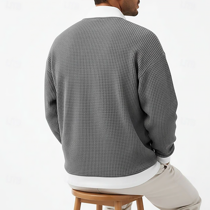 Men Waffle Knit Half Zip Mock Neck Multi Zipper Detail Long Sleeve Sweatshirt