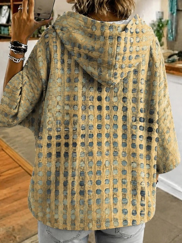 Women Vintage Dot Print Hooded Half Sleeve Loose Casual Pullover