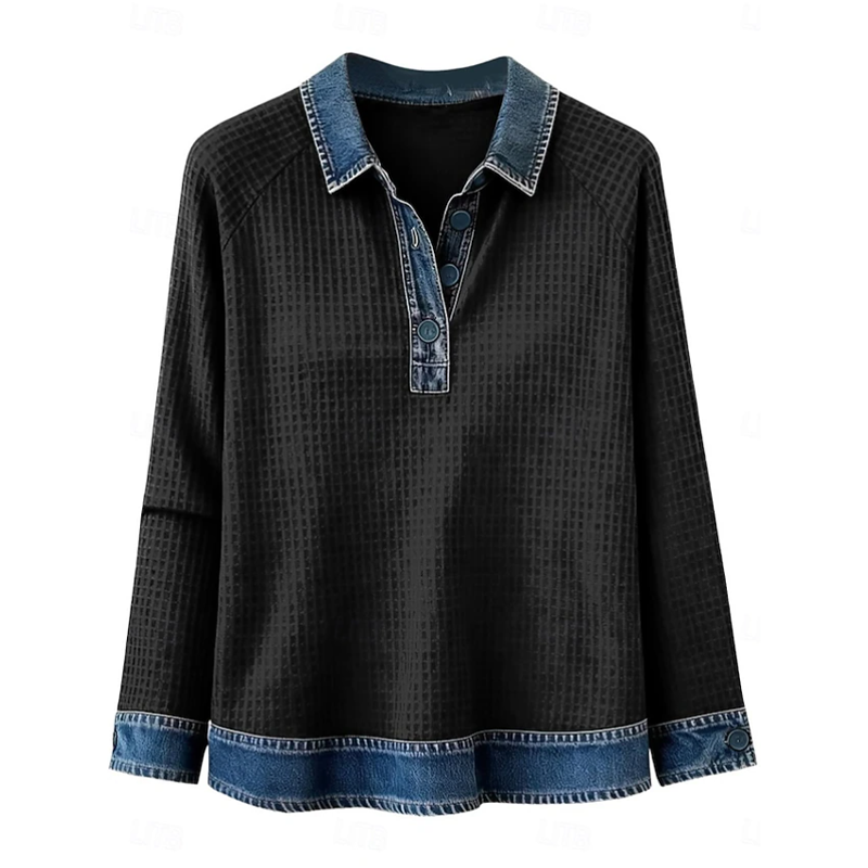 Women Waffle Knit Denim Collar Patchwork Long Sleeve Polo Top