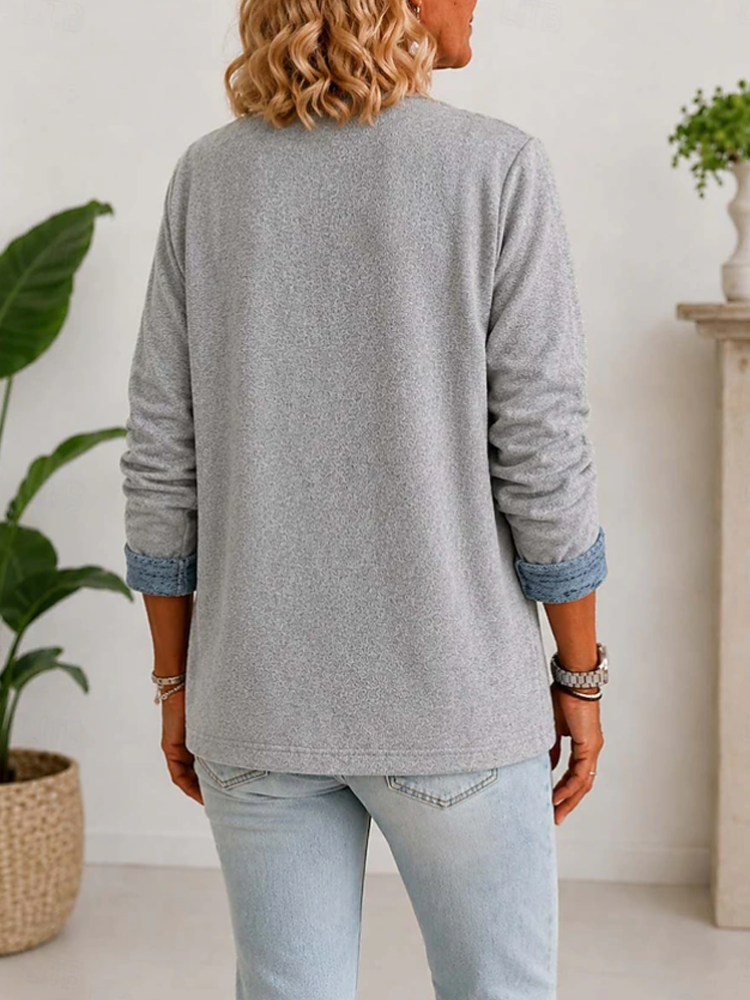 Women Denim Trim V Neck Button Long Sleeve Knit Cardigan