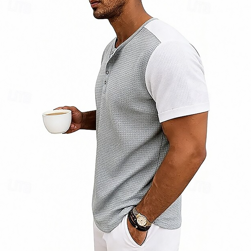 Men Waffle Knit Raglan Henley Contrast Sleeve Casual Short Sleeve T-Shirt