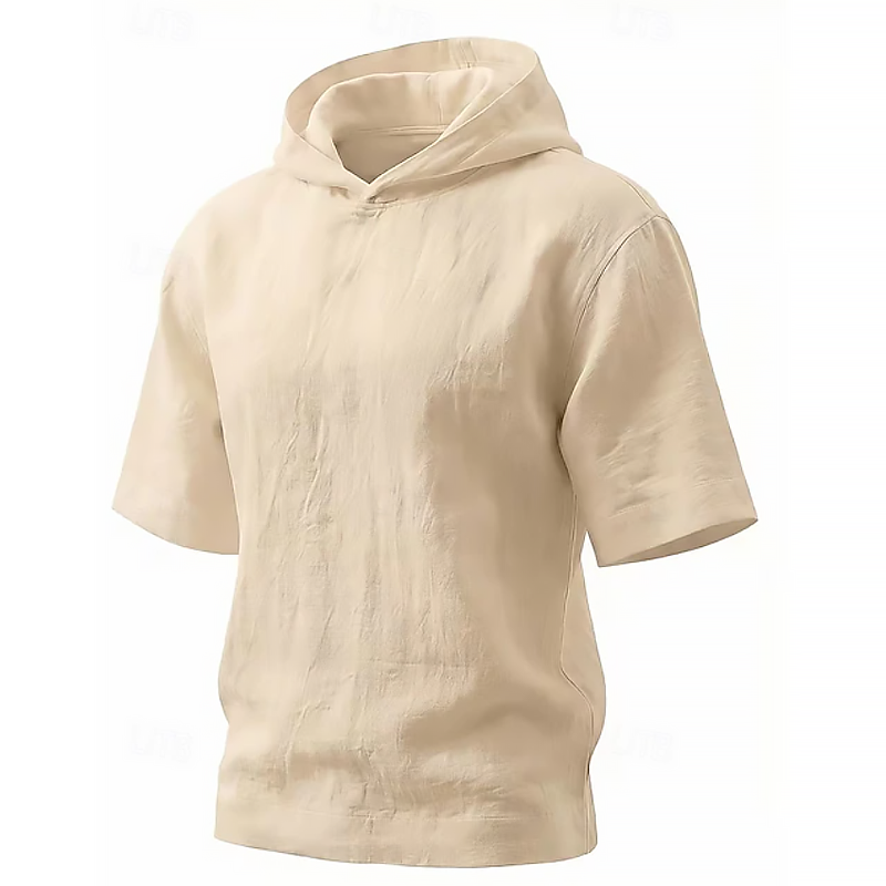 Men Linen Blend Hooded Roll Cuff Short Sleeve Casual Top 