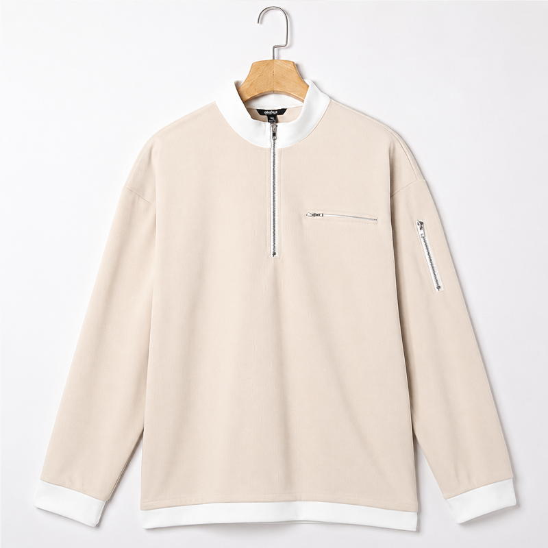 Men Waffle Knit Half Zip Mock Neck Multi Zipper Detail Long Sleeve Sweatshirt