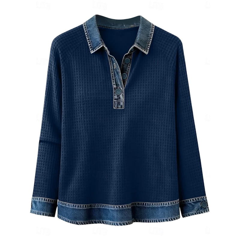 Women Waffle Knit Denim Collar Patchwork Long Sleeve Polo Top