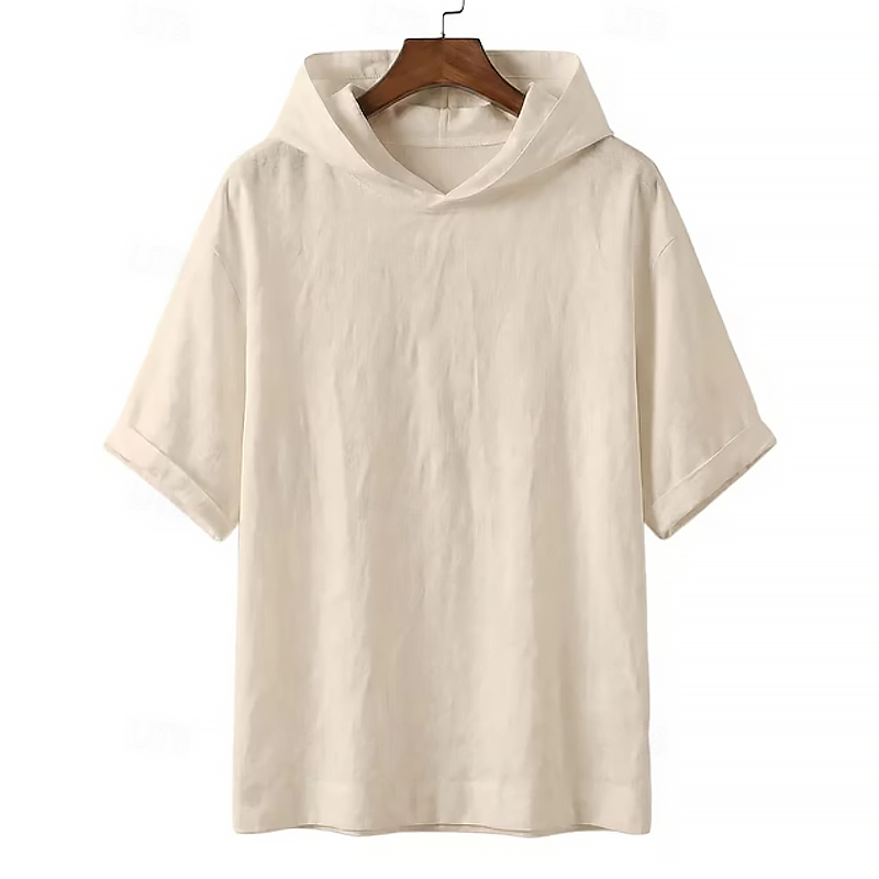 Men Linen Blend Hooded Roll Cuff Short Sleeve Casual Top 