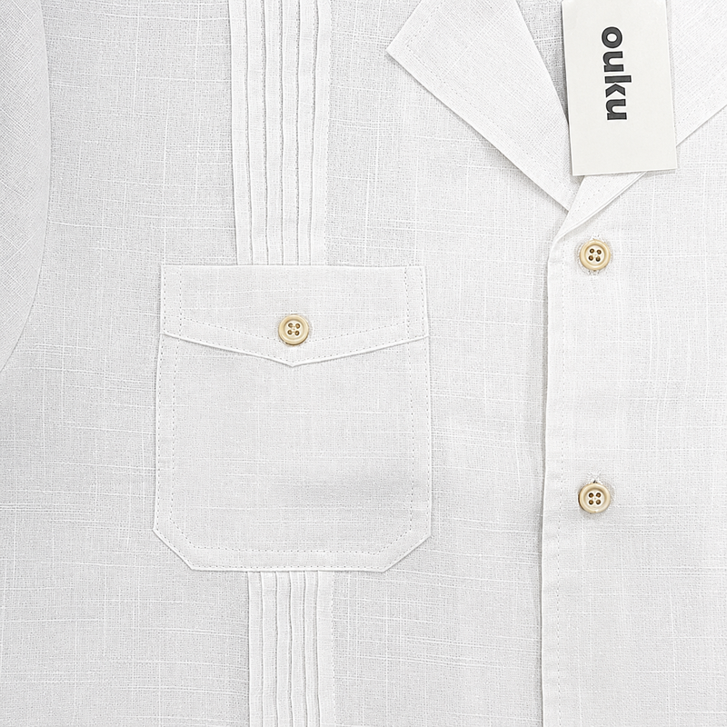 Men Guayabera Style Stripe Pleat Four Pocket Camp Collar Linen Blend Shirt