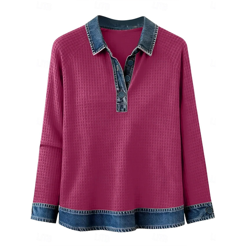 Women Waffle Knit Denim Collar Patchwork Long Sleeve Polo Top
