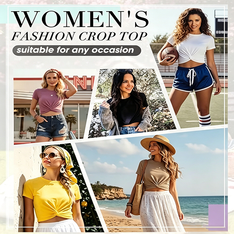Women Casual Summer Short Sleeve T-Shirt, Round Neck Twist Front Hem Soft Cropped Tops Loose Fit Everyday Vacation Blouse