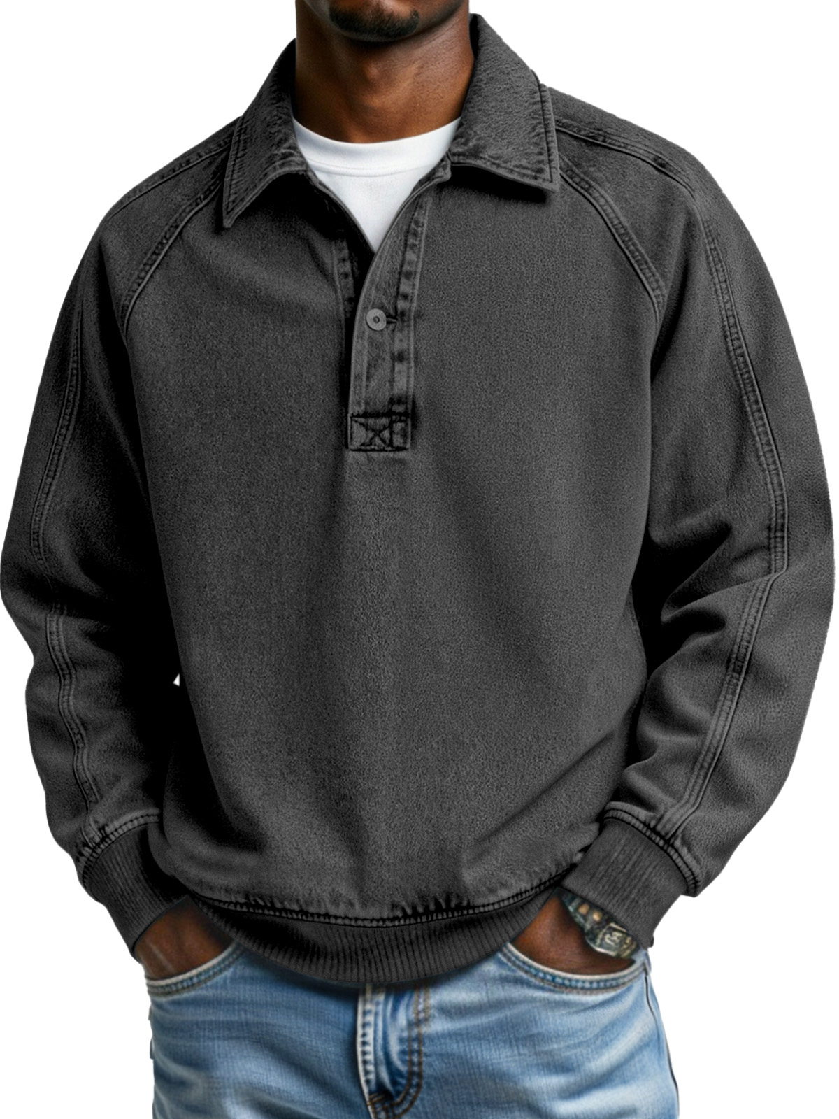 Retro Solid Color Patchwork Design Button Lapel Long-sleeved Polo Shirt