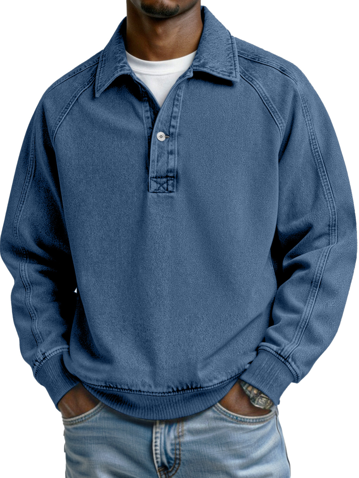 Retro Solid Color Patchwork Design Button Lapel Long-sleeved Polo Shirt