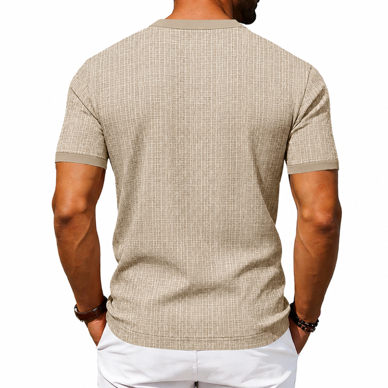 Men Fine Grid Texture Contrast Trim 3 Button Henley Neck Short Sleeve T-Shirt 