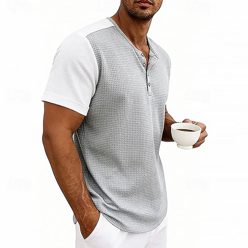 Men Waffle Knit Raglan Henley Contrast Sleeve Casual Short Sleeve T-Shirt