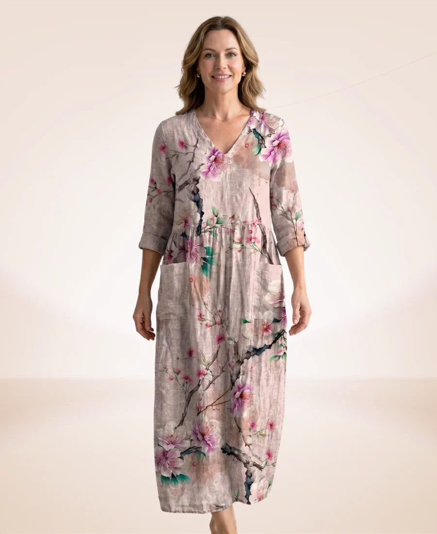 Women’s Floral V-Neck Cotton-Blend Maxi Dress