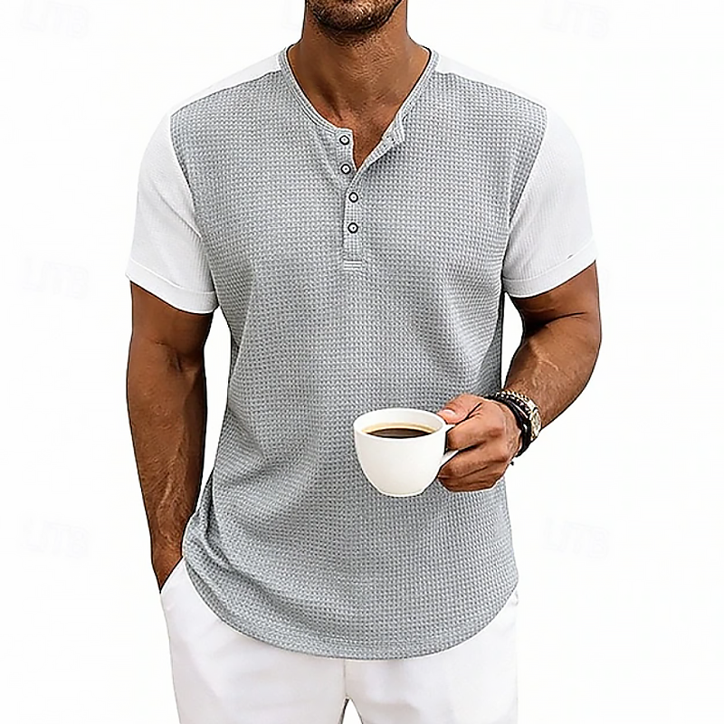 Men Waffle Knit Raglan Henley Contrast Sleeve Casual Short Sleeve T-Shirt