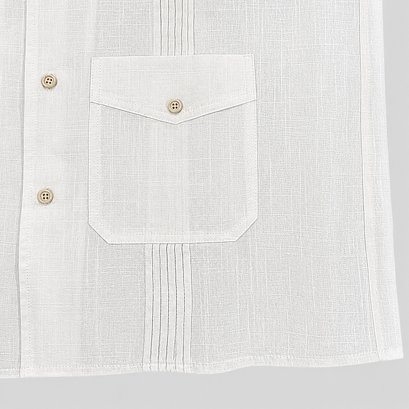 Men Guayabera Style Stripe Pleat Four Pocket Camp Collar Linen Blend Shirt