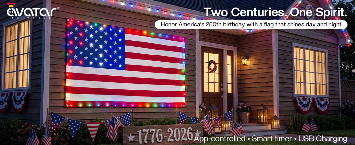Avatar Controls 3x5FT  Smart American Flag Lights App Control Flag 4th of July Decorations Lights DIY Color, Music Sync Light Up Patriotic US Flag Lights for Wall Bedroom, Memorial Day, Independence Day, 250th Anniversary summergarden