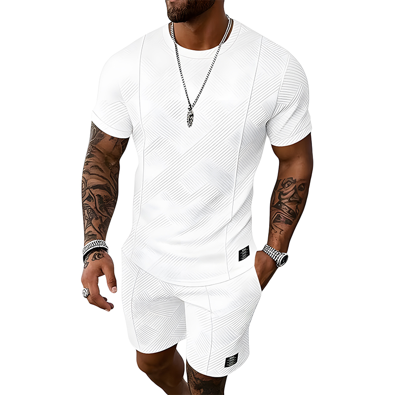 Men Jacquard Textured Tee & Shorts Casual Summer Set