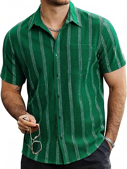 Vintage Vertical Stripe Textured Short Sleeve Shirt For Men