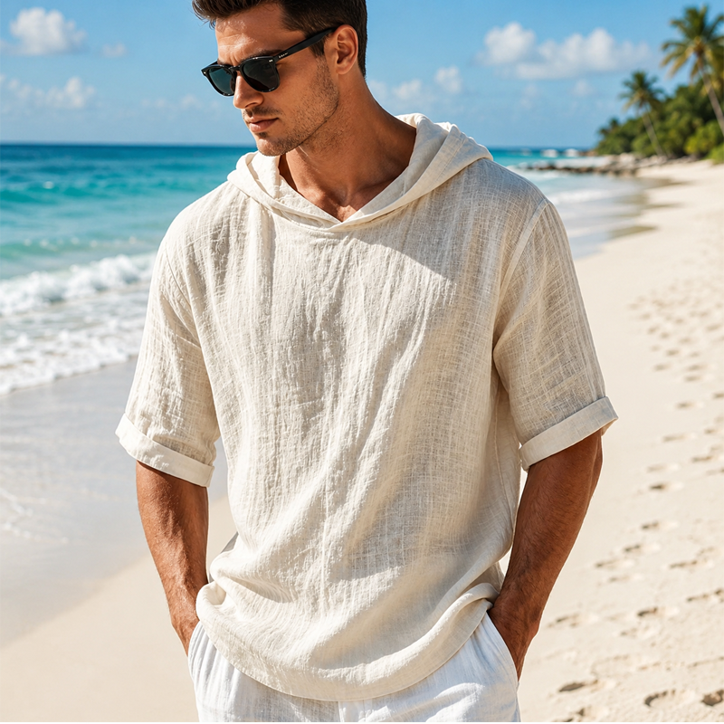Men Linen Blend Hooded Roll Cuff Short Sleeve Casual Top 
