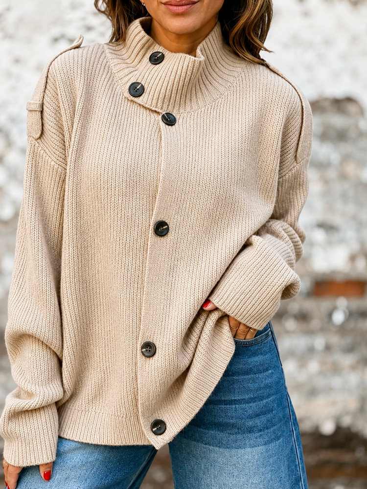 Women Turtleneck Button Front Loose Knit Cardigan Sweater