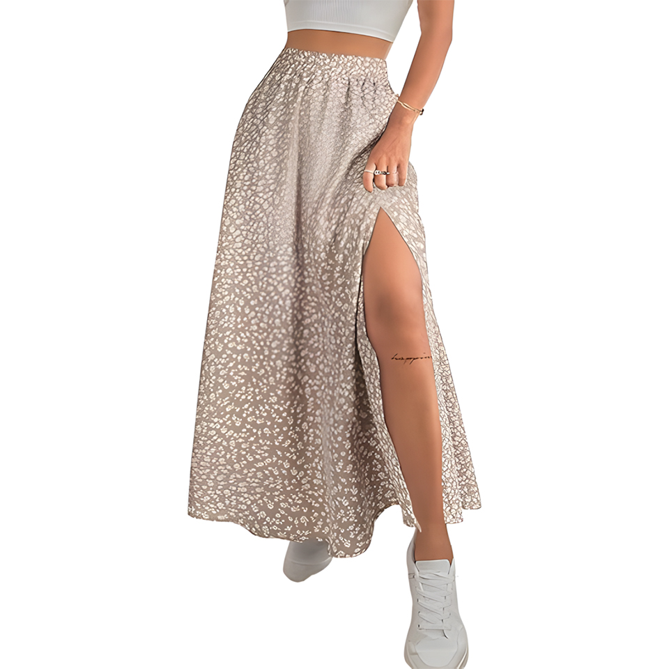 Women High Waist Elastic Ditsy Floral Slit Maxi Skirt