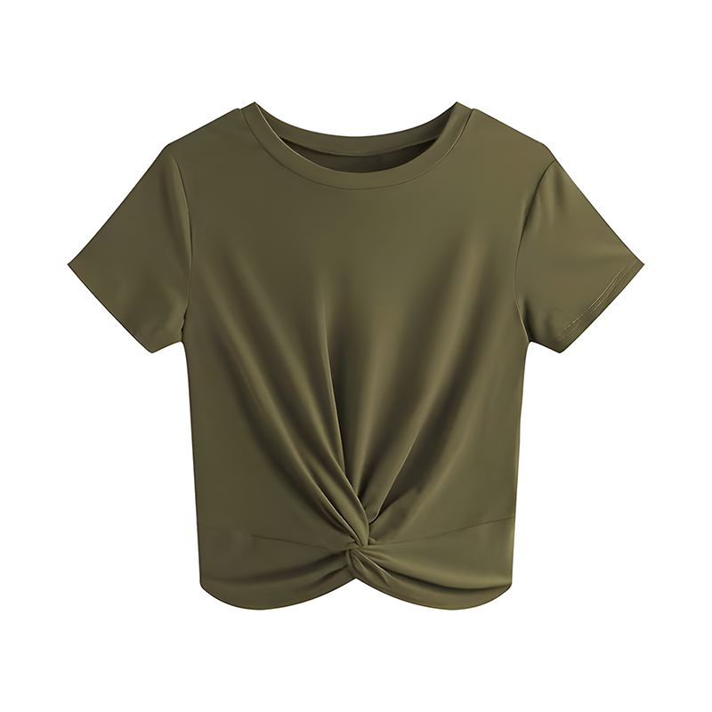 Women Casual Summer Short Sleeve T-Shirt, Round Neck Twist Front Hem Soft Cropped Tops Loose Fit Everyday Vacation Blouse