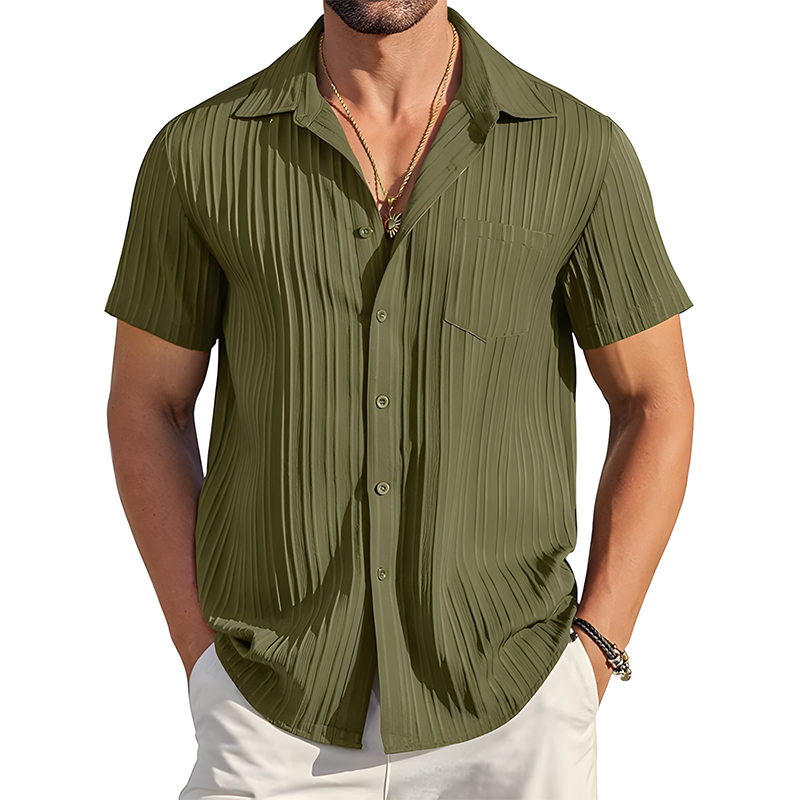 Men Vertical Ribbed Short Sleeve Button Shirt