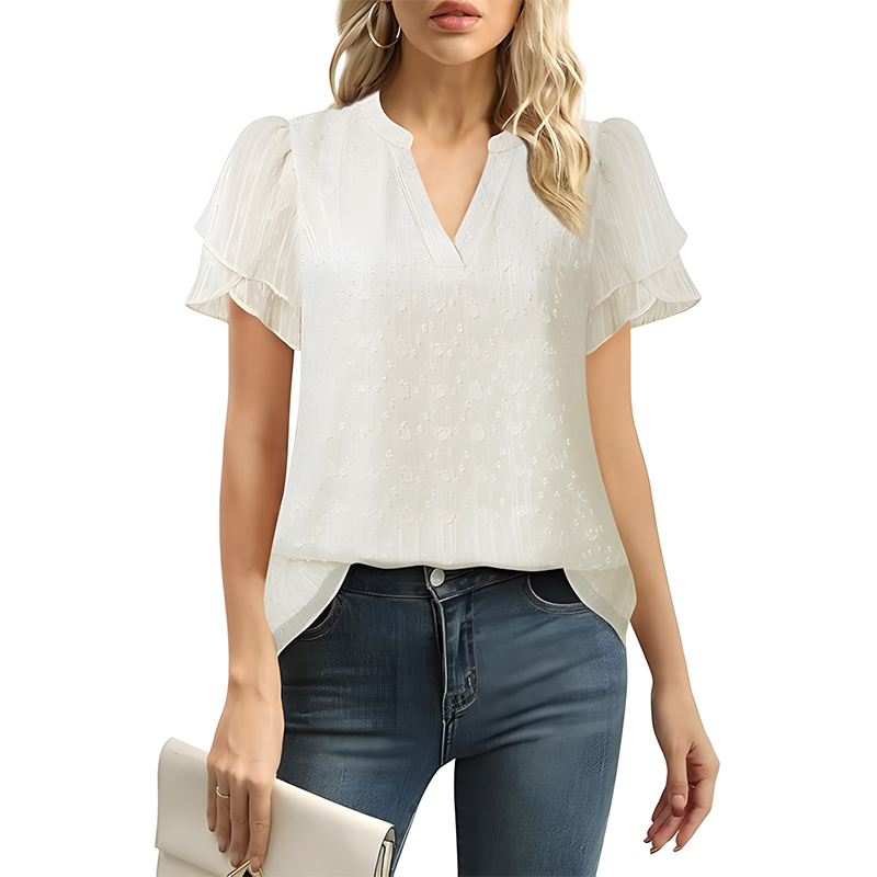 Women Swiss Dot Chiffon Petal Sleeve V Neck Blouse