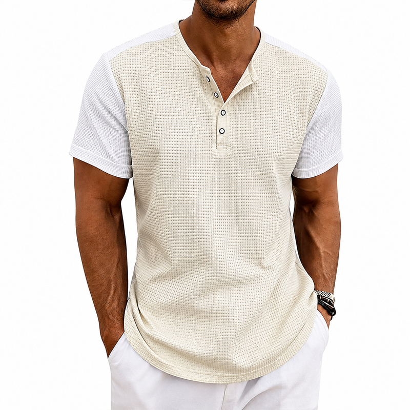 Men Waffle Knit Raglan Henley Contrast Sleeve Casual Short Sleeve T-Shirt