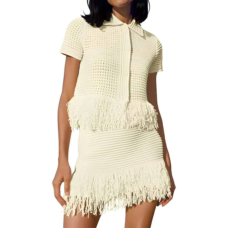 Women Crochet Fringe Knit 2 Piece Set