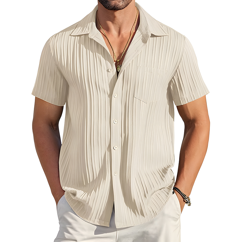 Men Vertical Ribbed Short Sleeve Button Shirt