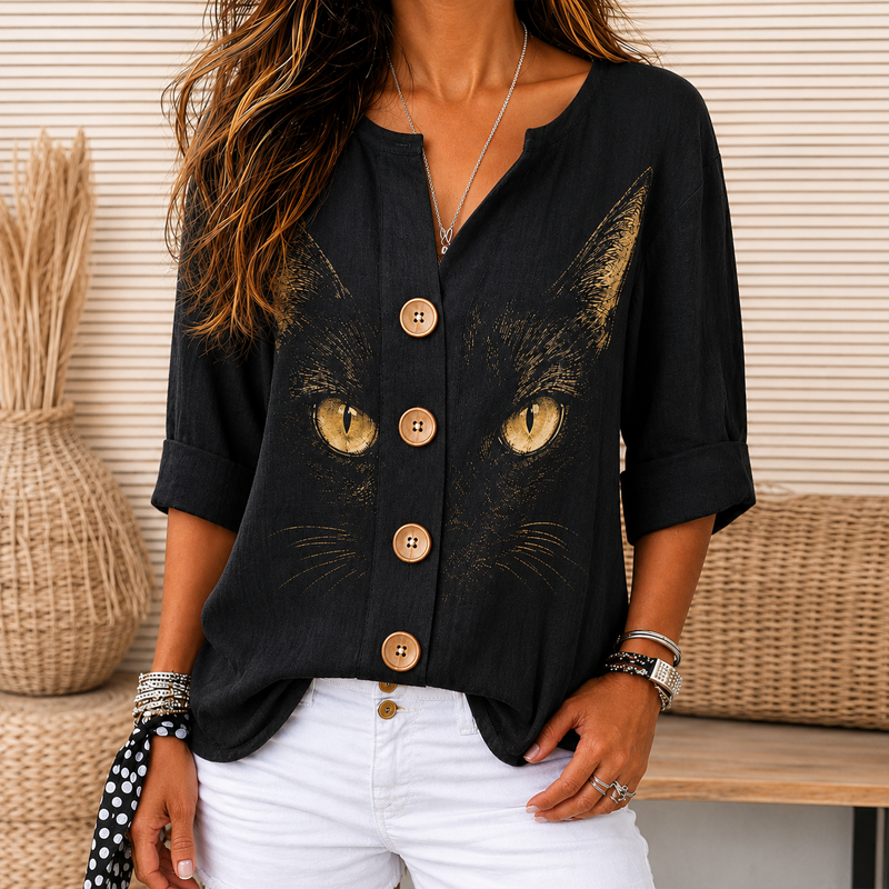 Women Vintage Cat Print Notch Neck Wooden Button Roll Cuff Linen Blend Shirt